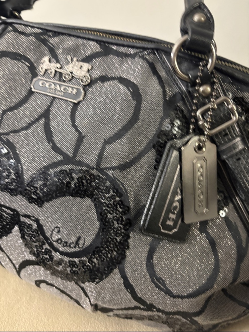 Coach Black and Gray Sequin Signature Satchel - Picture 2 of 4